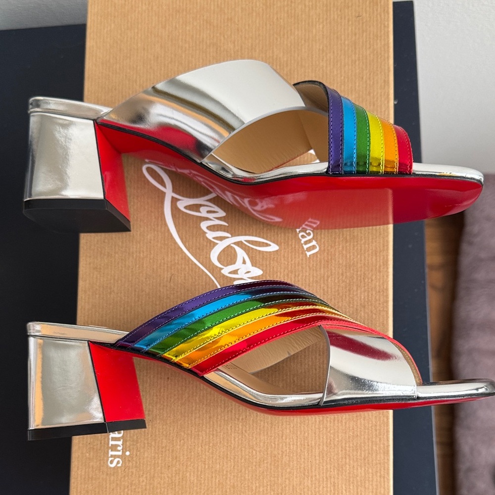 Christian Louboutin Silver Mules with Rainbow Straps - Picture 2 of 6